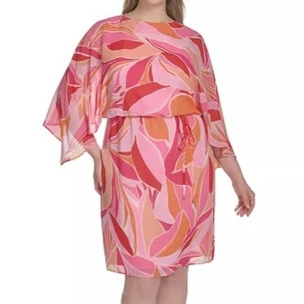 Jessica Howard Printed Chiffon 3/4 Sleeve Blouson Pink Dress Womens Size 14W NWT